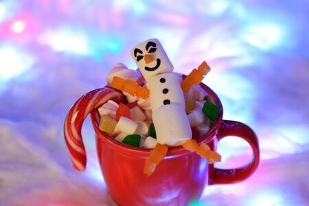 The happy marshmallow snowman in mag, snow decoration, garland snow illumination