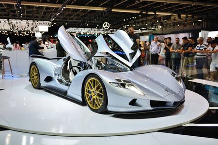 DUBAI, UAE - NOVEMBER 16: The Aspark Owl sports electric car is on Dubai Motor Show 2019 on November 16, 2019のeditorial素材
