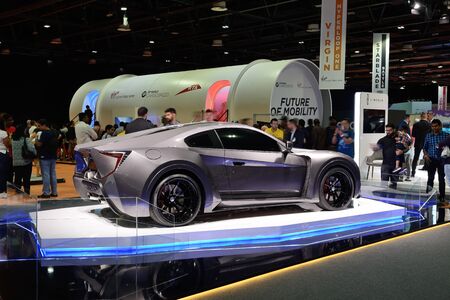 DUBAI, UAE - NOVEMBER 16: The Zedro Notorious sportscar and Virgin Hyperloop One prototype on...
