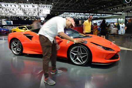 DUBAI, UAE - NOVEMBER 17: The Ferrari F8 Tributo sportscar is on Dubai Motor Show 2017 on November...