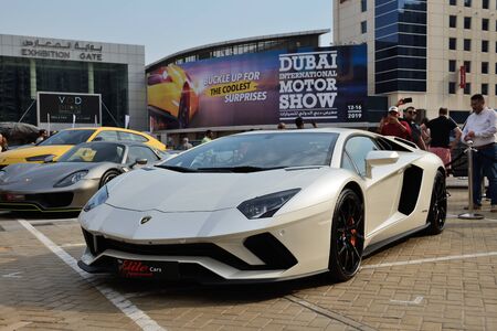 DUBAI, UAE - NOVEMBER 16: The Lamborghini Aventador S Coupe sportscar is on Dubai Motor Show 2019 on November 16, 2019のeditorial素材