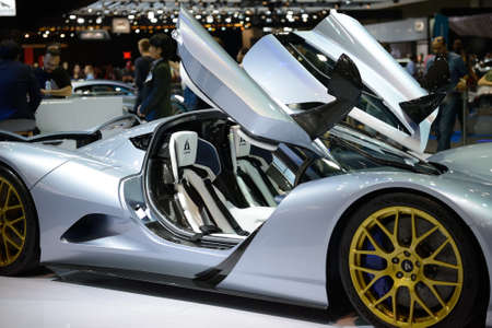 DUBAI, UAE - NOVEMBER 16: The Aspark Owl sports electric car is on Dubai Motor Show 2019 on November...