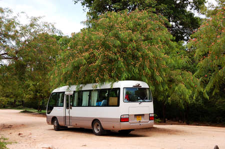 POLONNARUWA - OCTOBER 16: The bus for tourists transportation is near Rankoth Vehera stupa in Polonnaruwa on October 16, 2011 in Polonnaruwa, Sri Lanka. The Polonnaruwa is the UNESCO World Heritage Site.のeditorial素材