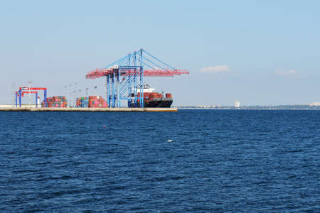 ODESA, UKRAINE - SEPTEMBER 25: The container ship is in Odesa port on September 25, 2020 in Odesa, Ukraine.のeditorial素材