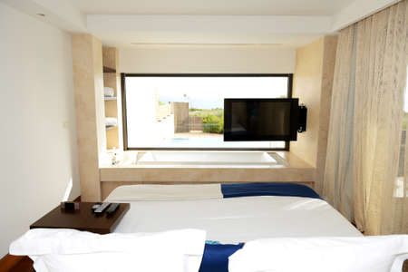 Sea view from bathroom on swimming pool by luxury villa, Peloponnes, Greeceのeditorial素材