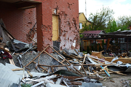 BILA TSERKVA, UKRAINE - MAY 15: The view on ruins and remains of houses after air strike from...