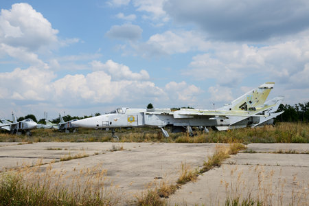 BILA TSERKVA, UKRAINE - AUGUST 25: The view on disassembled Ukrainian Sukhoi Su-24 supersonic all-weather attack aircraft on August 25, 2021 in Bila Tserkva, Ukraine.のeditorial素材