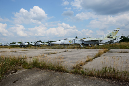 BILA TSERKVA, UKRAINE - AUGUST 25: The view on disassembled Ukrainian Sukhoi Su-24 supersonic all-weather attack aircrafts on August 25, 2021 in Bila Tserkva, Ukraine.のeditorial素材