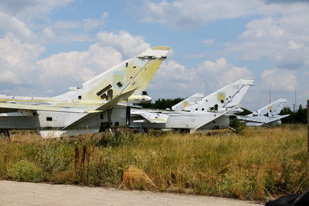 BILA TSERKVA, UKRAINE - AUGUST 25: The view on disassembled Ukrainian Sukhoi Su-24 supersonic all-weather attack aircrafts on August 25, 2021 in Bila Tserkva, Ukraine.のeditorial素材