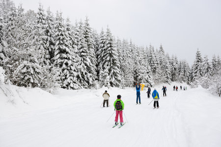 BUKOVEL, UKRAINE - DECEMBER 25:  The skiers and snowborders are on slope in Bukovel ski resort. It is the largest ski resort in Ukraine with 68 km of pistes on December 25, 2018 in Bukovel, Ukraineのeditorial素材