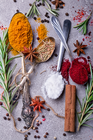 Colorful spices in spoons. Top viewの写真素材
