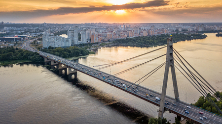 North Bridge Moscow Bridge across Dnieper River, photo from droneの写真素材