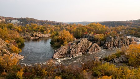 The Southern Bug River. Picturesque rocks and river rapids.Shooting from the airの写真素材