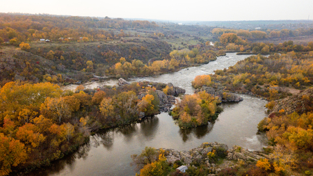 The Southern Bug River. Picturesque rocks and river rapids.Shooting from the airの写真素材