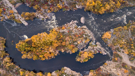 The Southern Bug River. Picturesque rocks and river rapids.Shooting from the airの写真素材