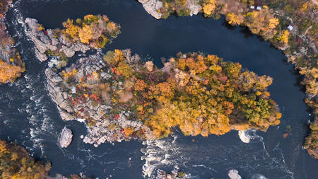 The Southern Bug River. Picturesque rocks and river rapids.Shooting from the airの写真素材