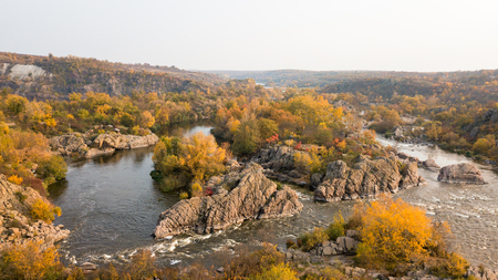 The Southern Bug River. Picturesque rocks and river rapids.Shooting from the airの写真素材