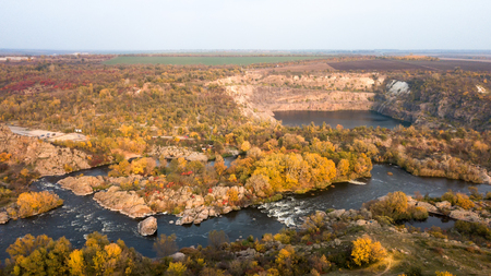 The Southern Bug River. Picturesque rocks and river rapids.Shooting from the airの写真素材