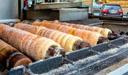 Trdelnik bakery on the street market in Prague, Czech Republic.の写真素材