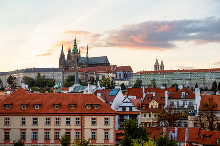 Prague Town Square Czech Republic, sunrise city skyline at Astronomical Clock Towerの写真素材