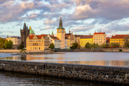Prague Town Square Czech Republic, sunrise city skyline at Astronomical Clock Towerの写真素材