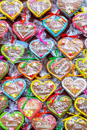 Souvenir gingerbread of different shapes on one of the traditional market in Cracow, Poland.の写真素材