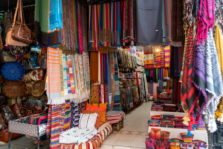 Colorful dish souvenirs for sale in a shop in Moroccoの写真素材
