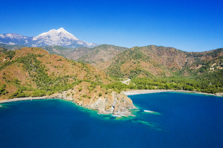 Panoramic view from the mountain over the Kas rivera ,hiking up Lycian trail mountain of Kasの写真素材