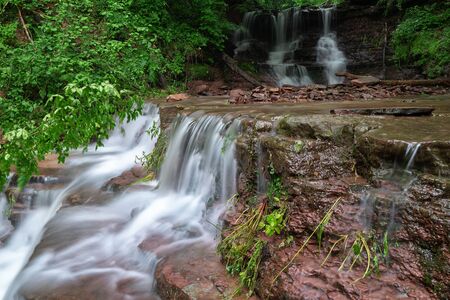 Mountain river waterfall landscape. Cascade of Dzhurynskyi waterfall.の写真素材