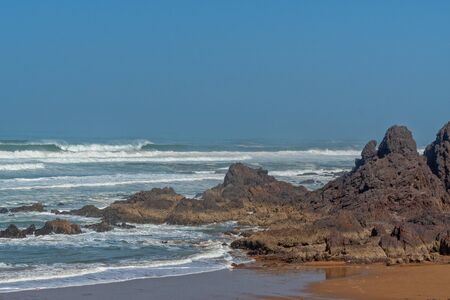Big waves in the Atlantic Ocean - Perfect surf in the desert of Morocco, Africa.の写真素材