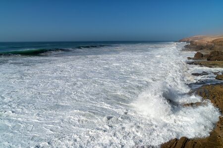 Big waves in the Atlantic Ocean - Perfect surf in the desert of Morocco, Africa.の写真素材