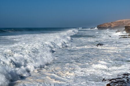 Big waves in the Atlantic Ocean - Perfect surf in the desert of Morocco, Africa.の写真素材