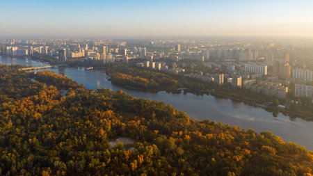 Beautiful autumn city of Kiev in the morning raysの写真素材