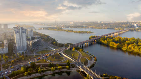 Beautiful autumn city of Kiev in the morning raysの写真素材
