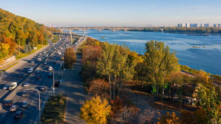 Beautiful autumn city of Kiev in the morning raysの写真素材