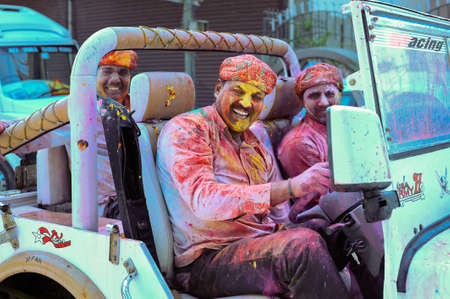 India, Pushkar-March 4, 2020: Young Indian guys find a special pleasure in the holiday of Holly