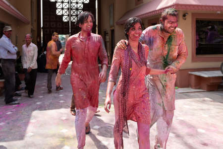 India, Pushkar-March 4, 2020: Young Indian guys find a special pleasure in the holiday of Holly