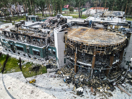 BUCHA, UKRAINE,War in Ukraine. Russian army damaged dwelling house in Bucha, Kyiv Region on March 2022. After bombing.のeditorial素材