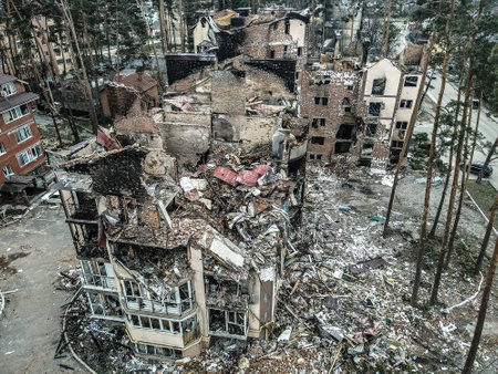 BUCHA, UKRAINE,War in Ukraine. Russian army damaged dwelling house in Bucha, Kyiv Region on March 2022. After bombing.のeditorial素材