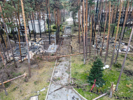 BUCHA, UKRAINE,War in Ukraine. Russian army damaged dwelling house in Bucha, Kyiv Region on March 2022. After bombing.のeditorial素材