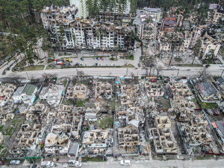 BUCHA, UKRAINE,War in Ukraine. Russian army damaged dwelling house in Bucha, Kyiv Region on March 2022. After bombing.のeditorial素材