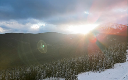 Beautiful sunrise in the mountains in winter. Carpathian mountains, Ukraine, Europe.の写真素材