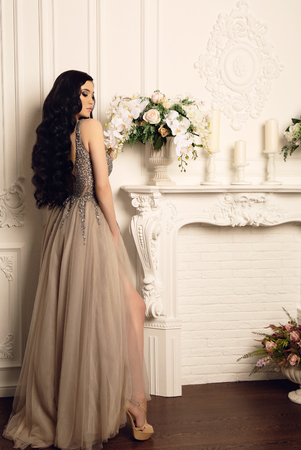 fashion studio photo of gorgeous woman with dark hair in luxurious dress posing in interiorの写真素材