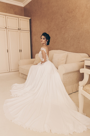 fashion photo of beautiful woman with dark hair in luxurious wedding dress posing in elegant interiorの写真素材