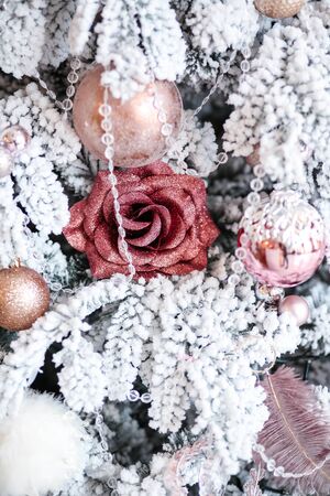 photo of beautiful Christmas tree and details in decorated roomの写真素材
