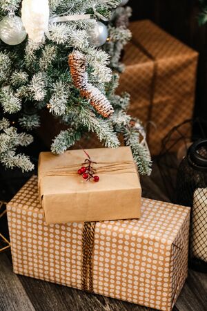 holiday photo of beautiful Christmas tree and other details in decorated roomの写真素材