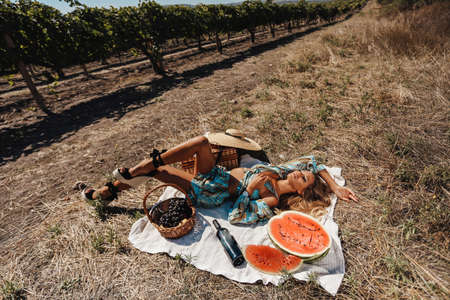 fashion outdoor photo of beautiful sexy woman with blond hair in elegant dress having picnic with wine and fruitsの写真素材
