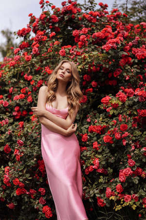 fashion outdoor photo of beautiful woman with blond hair in elegant pink dress posing in blooming garden with red rosesの写真素材