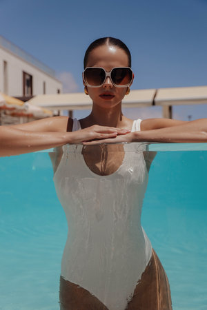 fashion outdoor photo of beautiful woman with dark hair in elegant swimming suit and accessories...