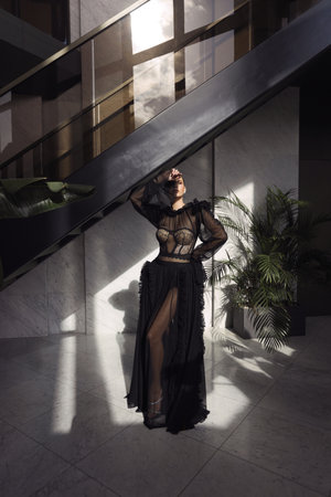 fashion photo of beautiful woman with dark hair in elegant black dress with accessories posing in luxurious hotel lobbyの写真素材